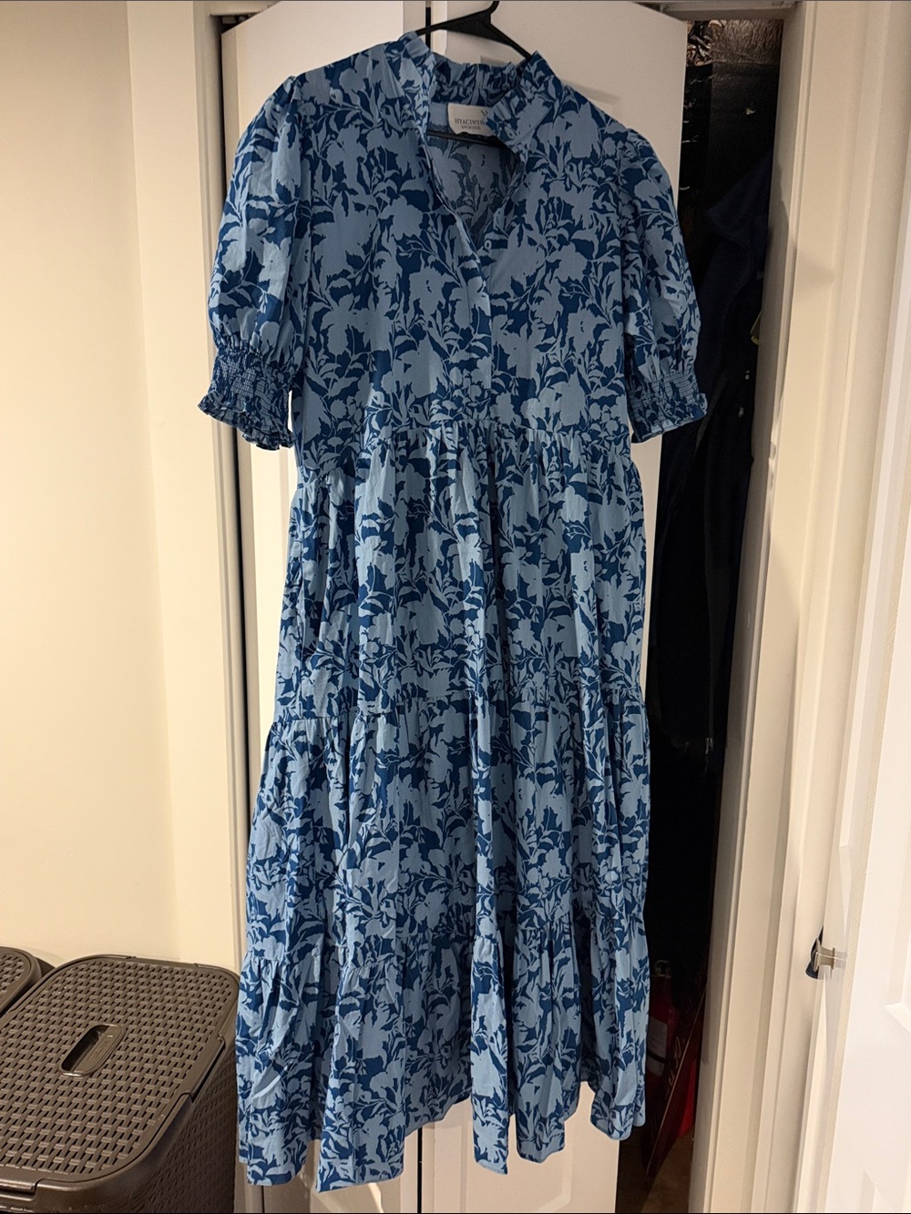 Blue Floral Tiered Girls' Dress with Puff Sleeves